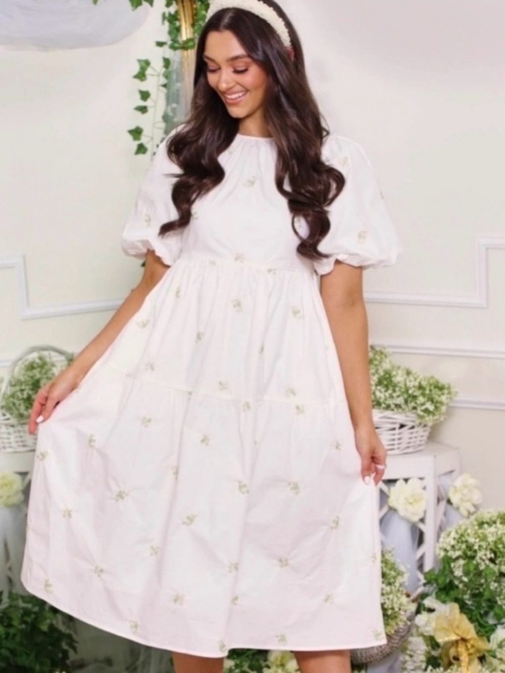 Moodie White cotton Embroidered Poplin Puff Sleeve Midi Dress size Large